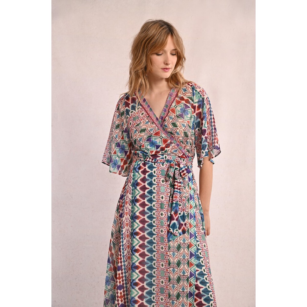 Long Printed Wrap Dress with Short Sleeves multi-coloured, MOLLY BRACKEN
