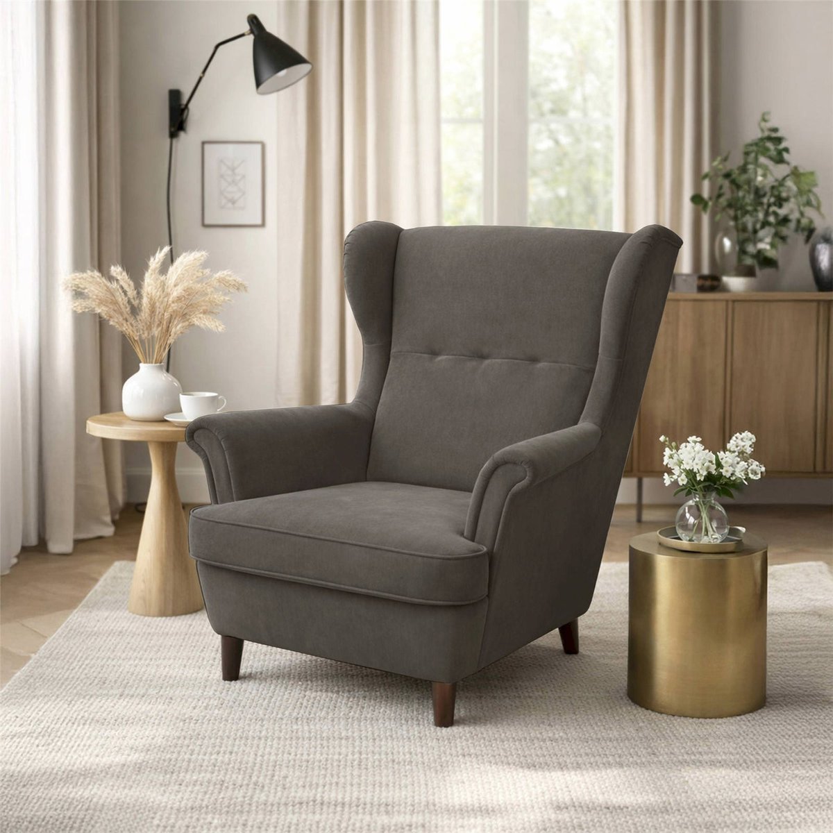 Fauteuil à oreilles MALMELLO avec repose-pieds bleu nuit cloud, RECOLLECTION