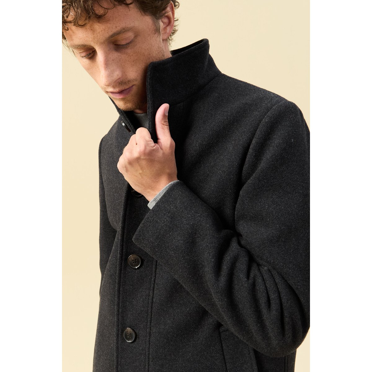Manteau droit court col montant gris foncé, BONOBO