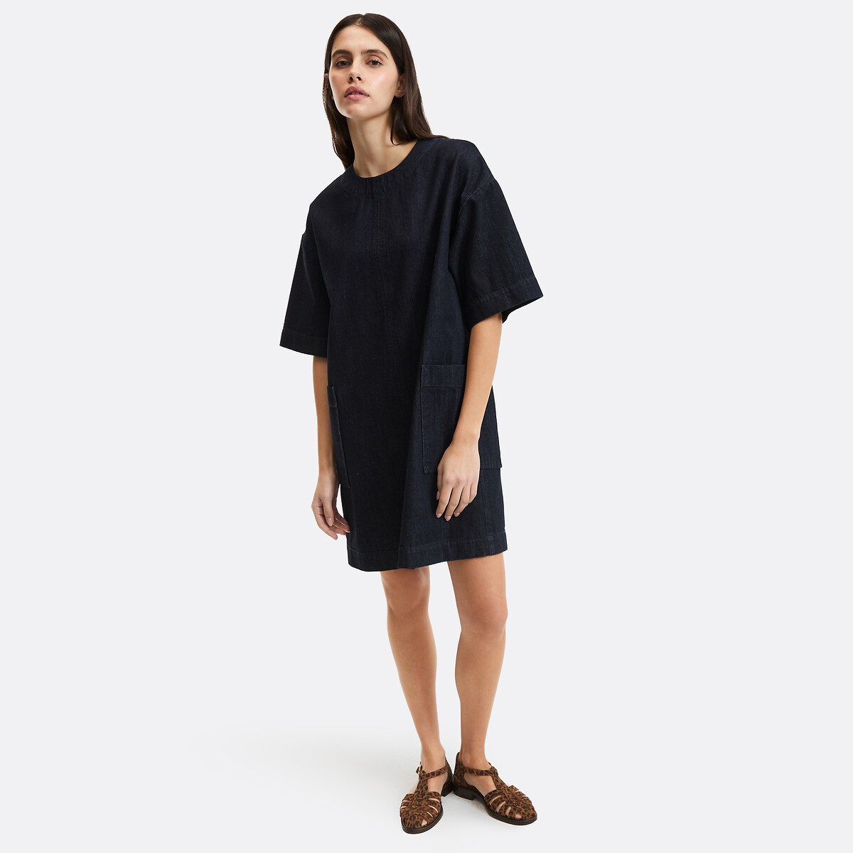 Rechte jurk in denim, kort, korte mouwen ruw blauw, LA REDOUTE COLLECTIONS