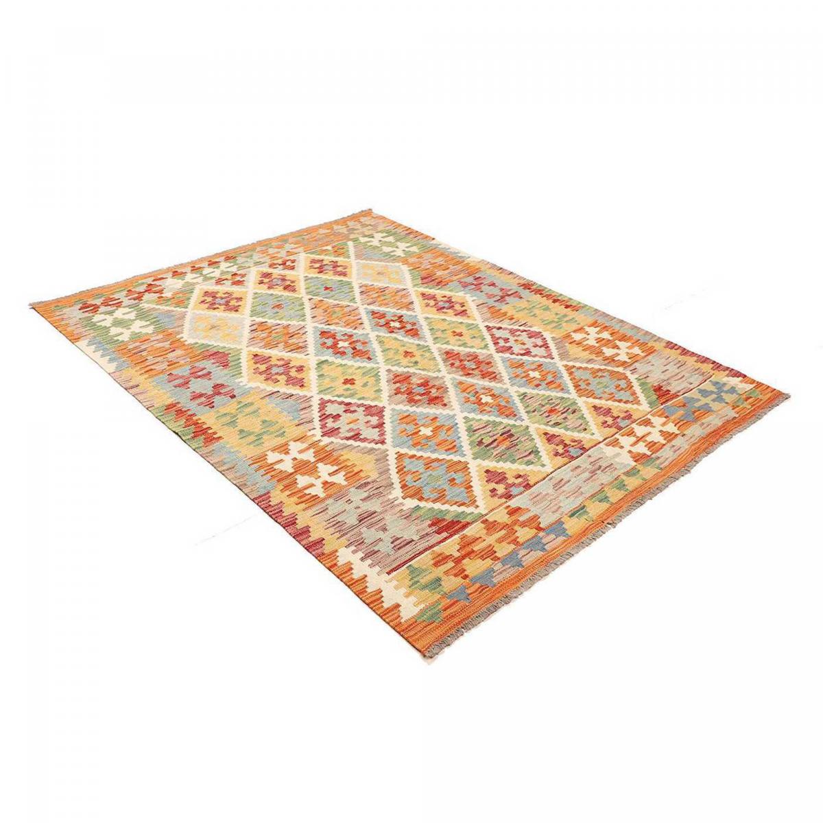 Tapis kilim géométrique, tissé plat en laine, KILIM 46 multicolore, orange, vert, UN AMOUR DE TAPIS