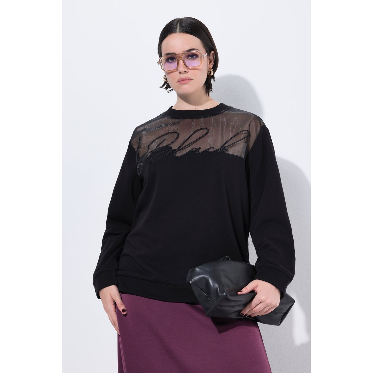 Sweat-shirt à manches longues et col rond noir, ULLA POPKEN