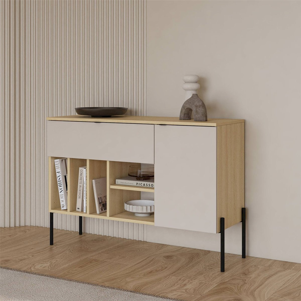 Commode asymétrique tiroir et porte ORE cachemire, RECOLLECTION