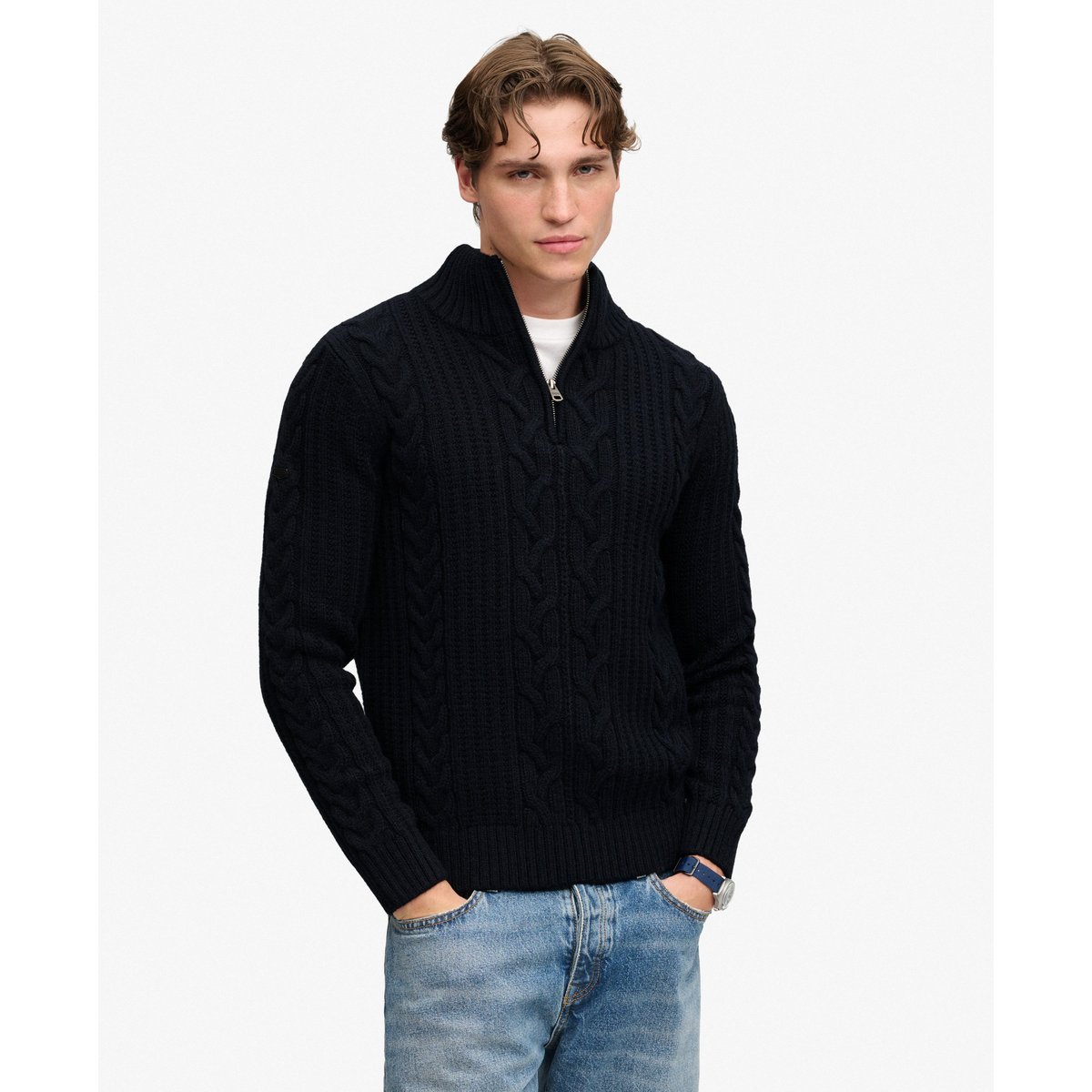Pull Jacob Cable à Demi-Fermeture Éclair bleu marine éclipse, SUPERDRY