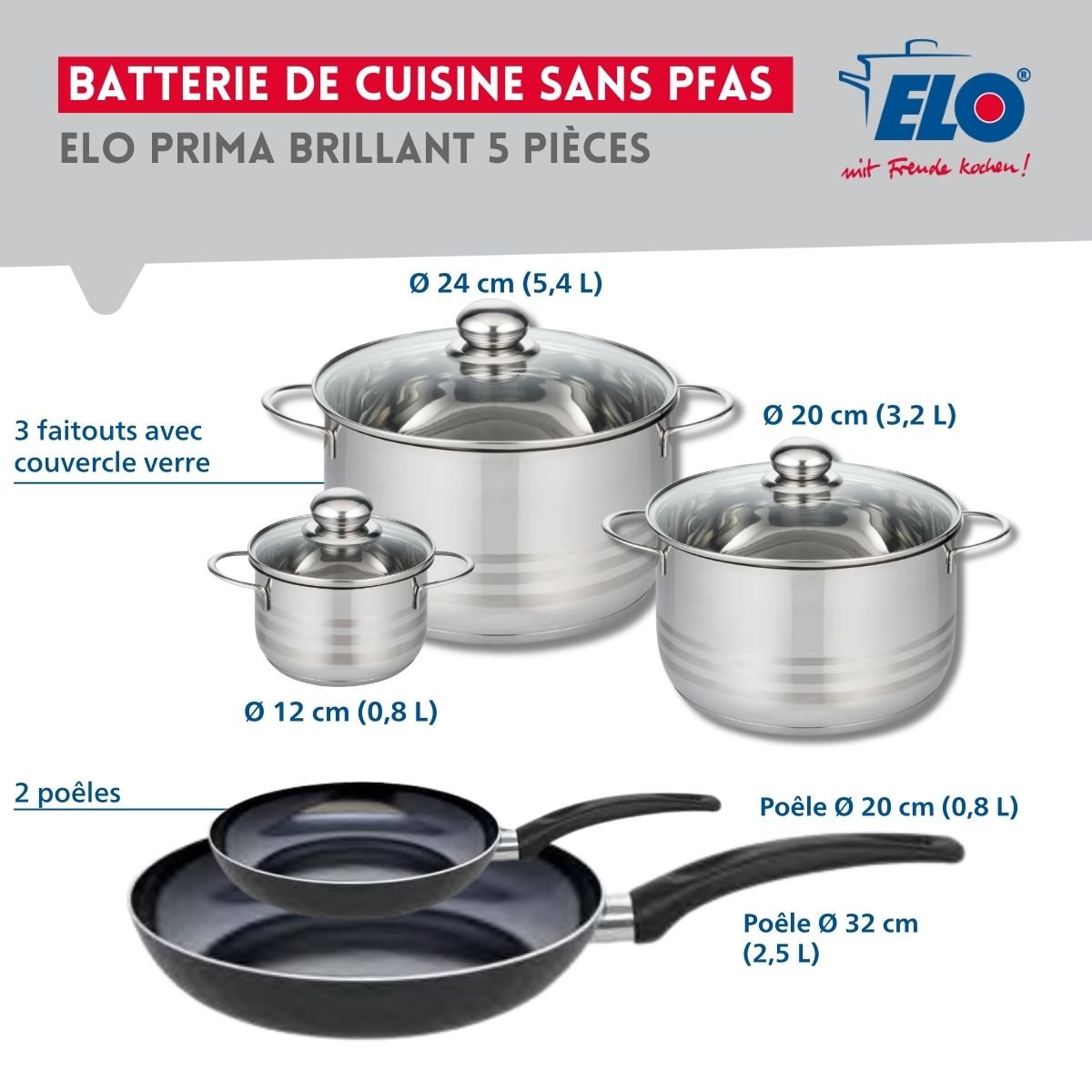 Batterie 2 poêles 20/32cm + 3 faitouts 12/20/24cm PRIMA BRILLANT noir, ELO