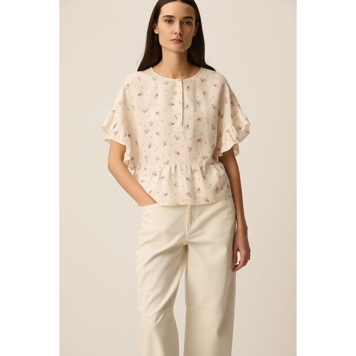 Blusa a maniche corte con stampa floreale, TANGO bianco fantasia a fiori rosa, DES PETITS HAUTS