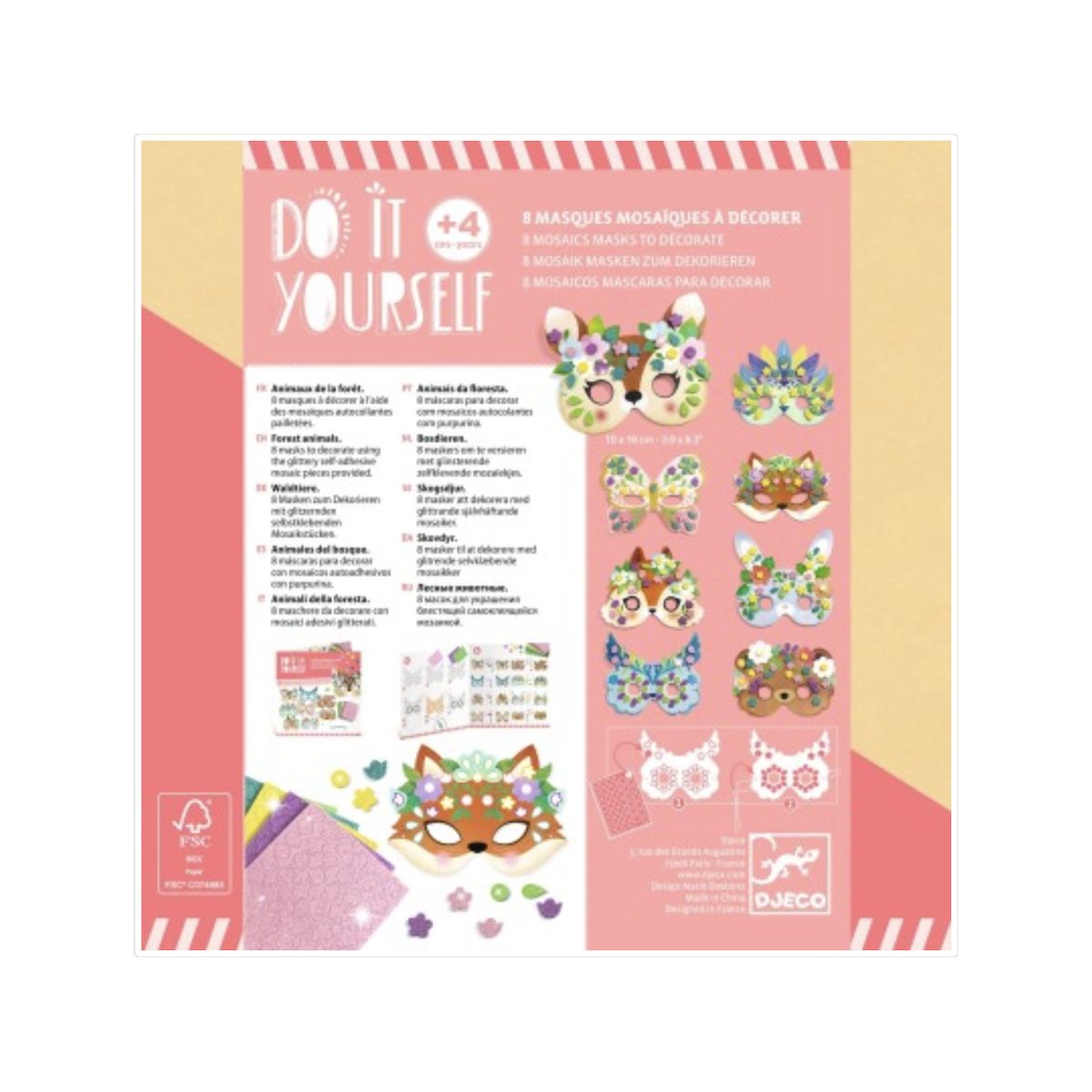 Kit creatif 8 masques - Animaux de la foret - couleur unique, DJECO