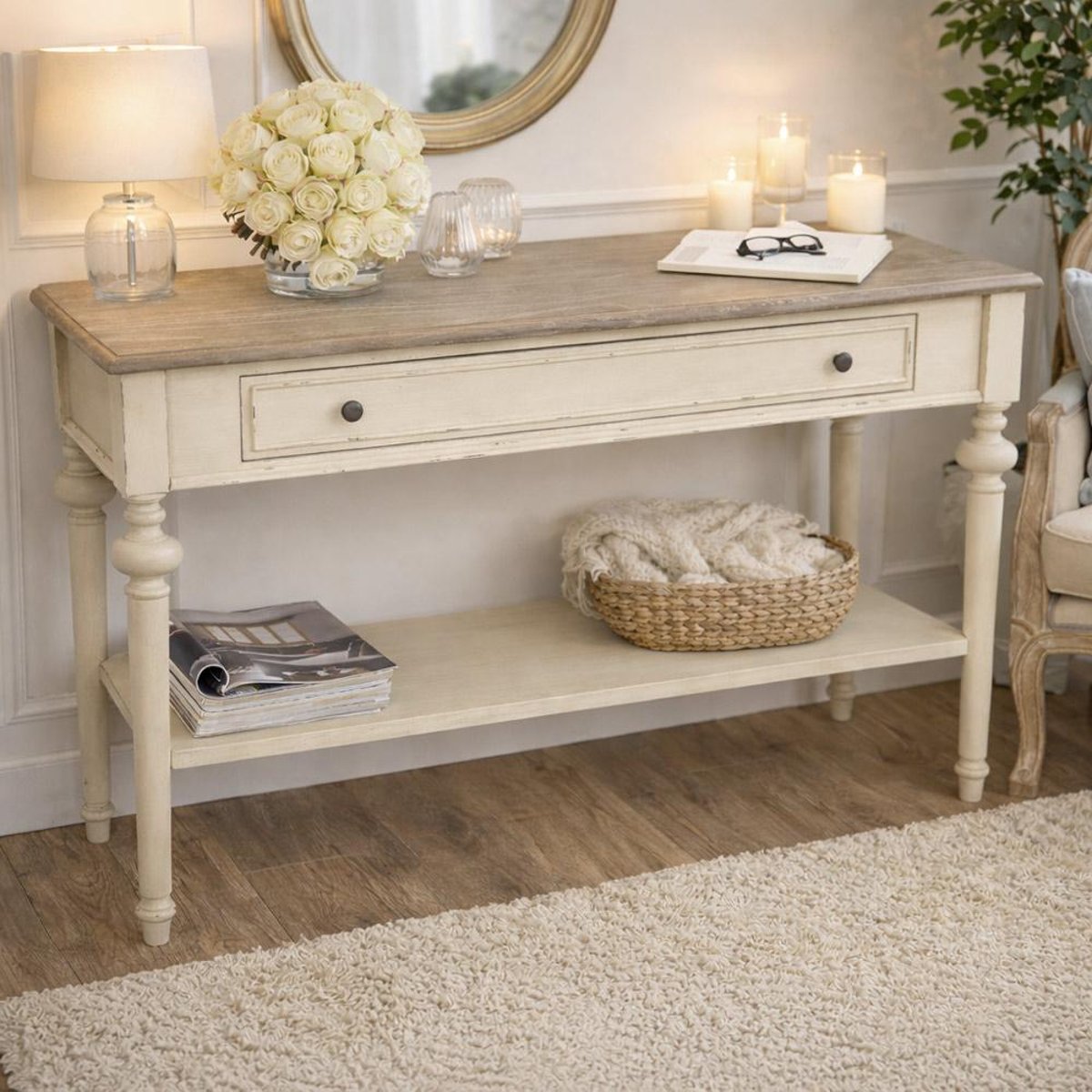 Console double 1 tiroir en bois mindi L120 cm Légende blanc, AMADEUS