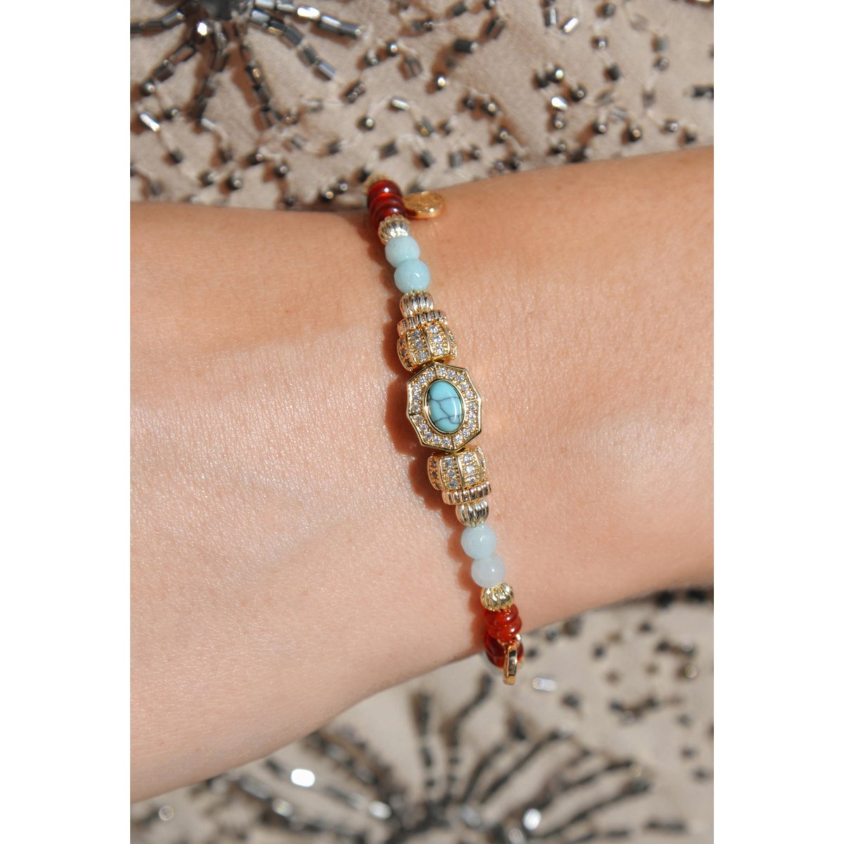 Bracelet de perles avec pampilles réglable BANU turquoise, HIPANEMA