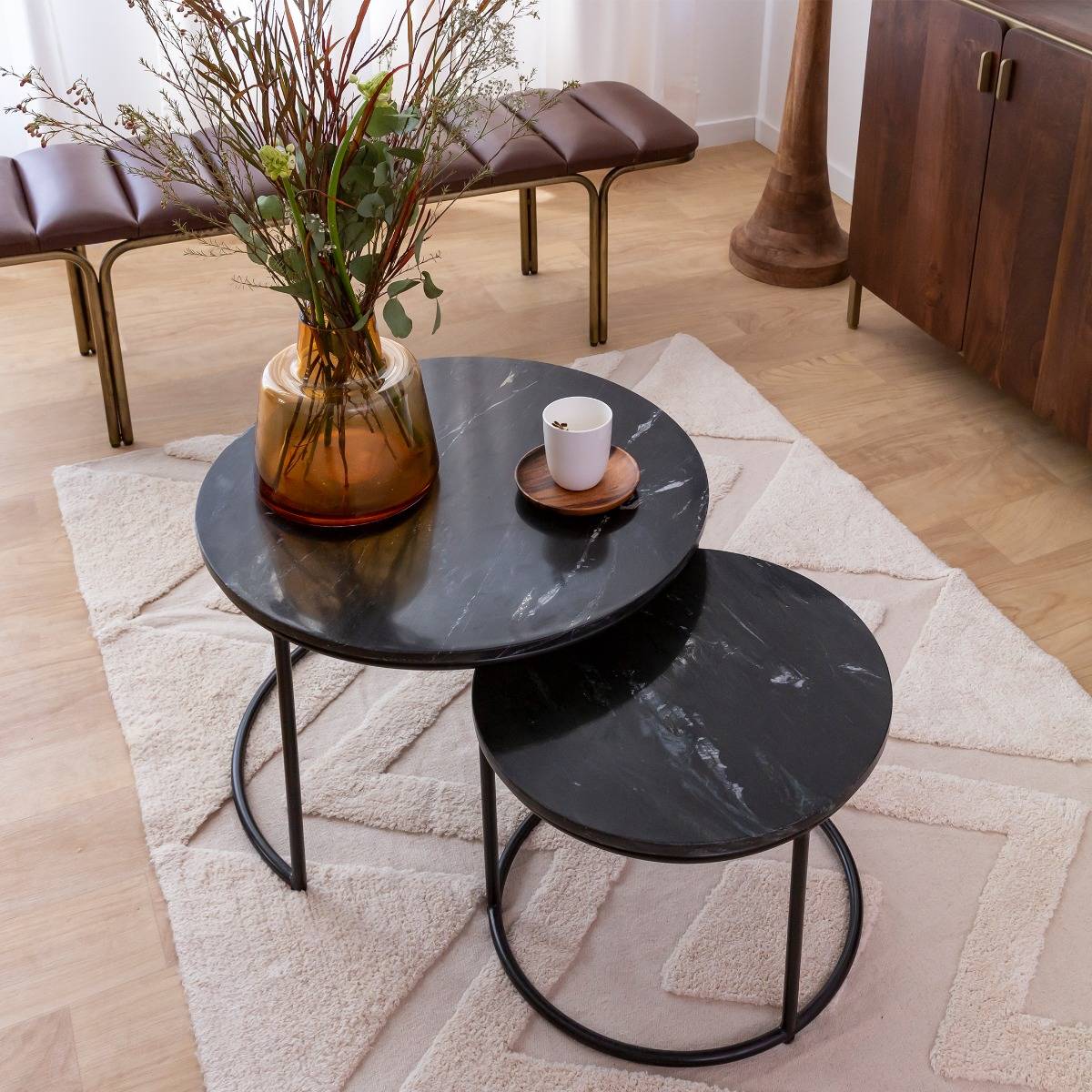 Table basse gigogne en marbre ronde JOE noir, MADE IN MEUBLES 