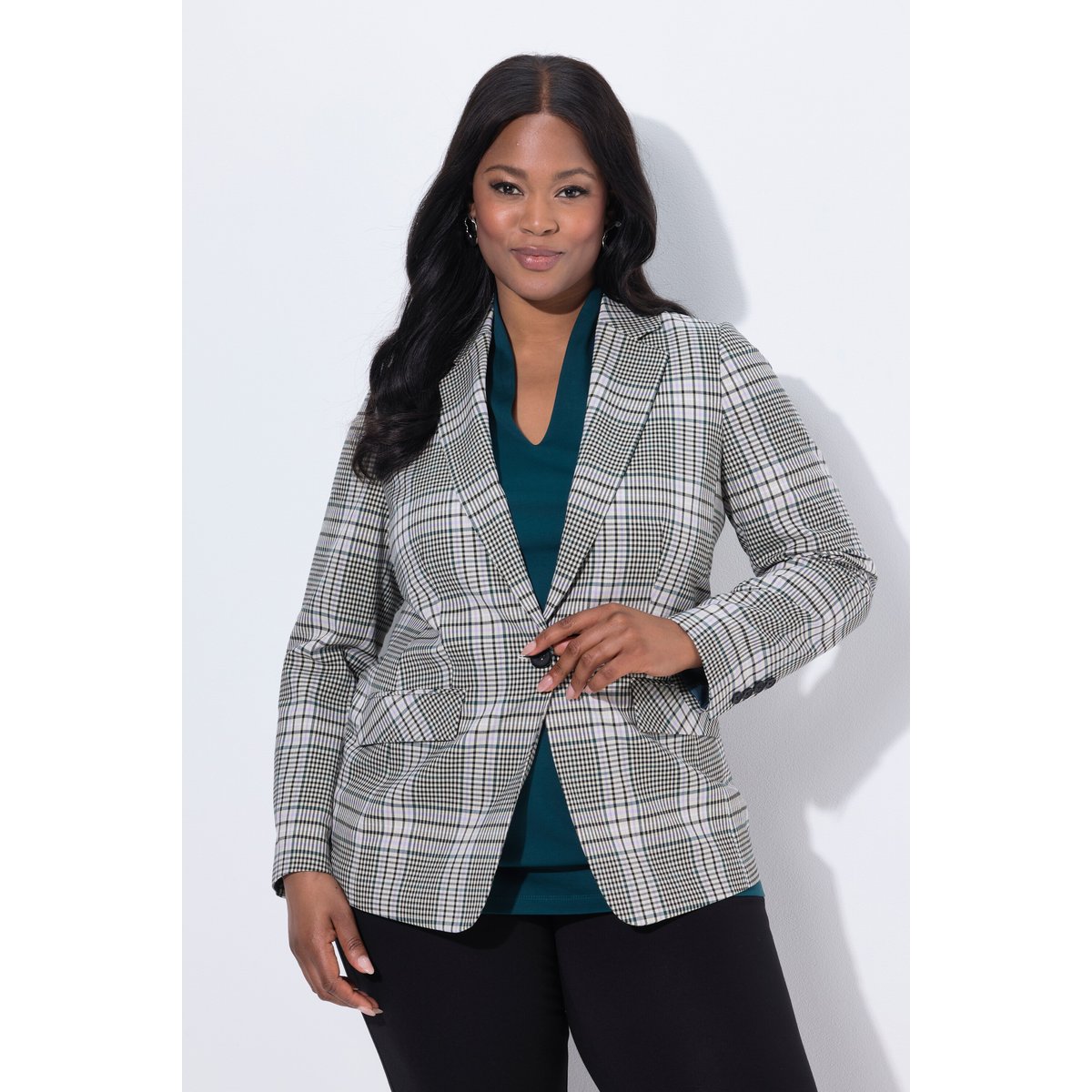 Blazer à carreaux avec col à revers vert foncé, ULLA POPKEN