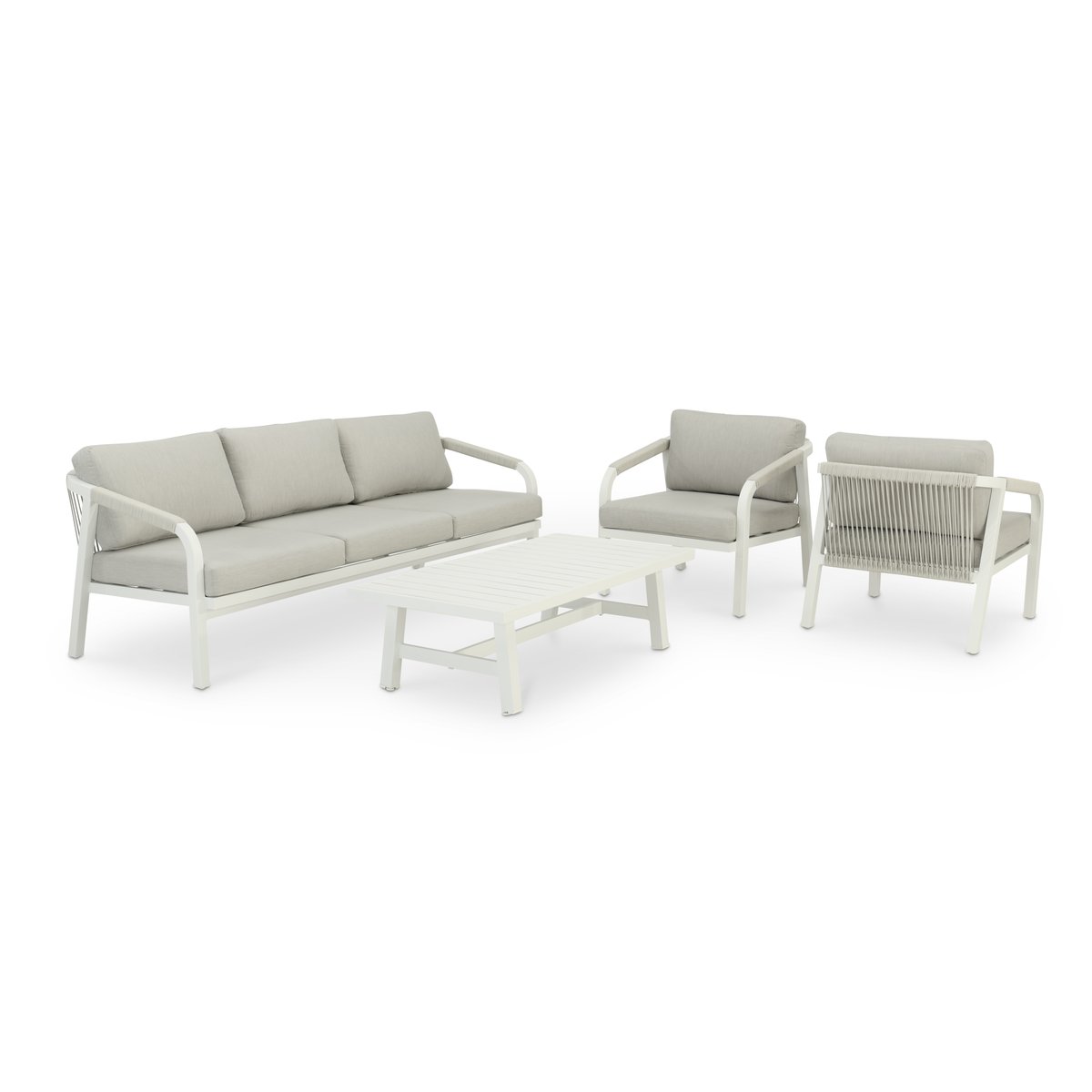 Salon de jardin 5 places, aluminium, MAYA blanc, corde et coussin gris, DEFORA HOME