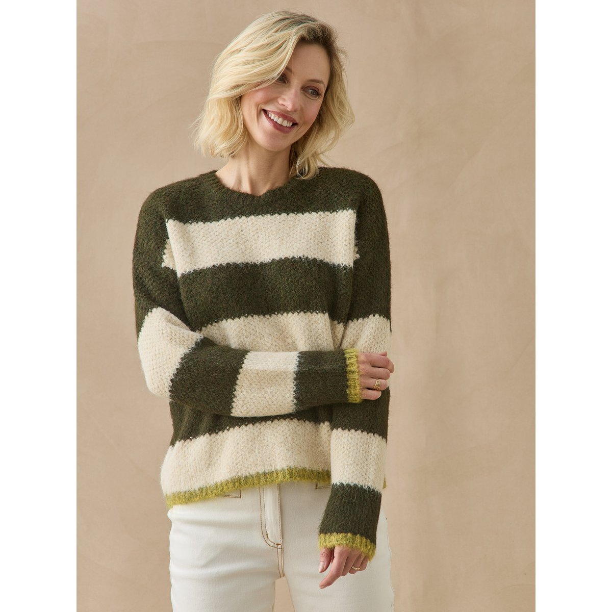Pull court rayé col rond rayé kaki, DAXON