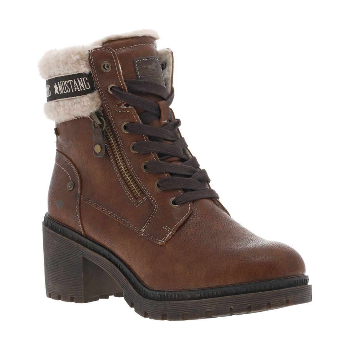 Bottines cognac à talon décroché moyen avec des lacets plats et un zip cognac, MUSTANG