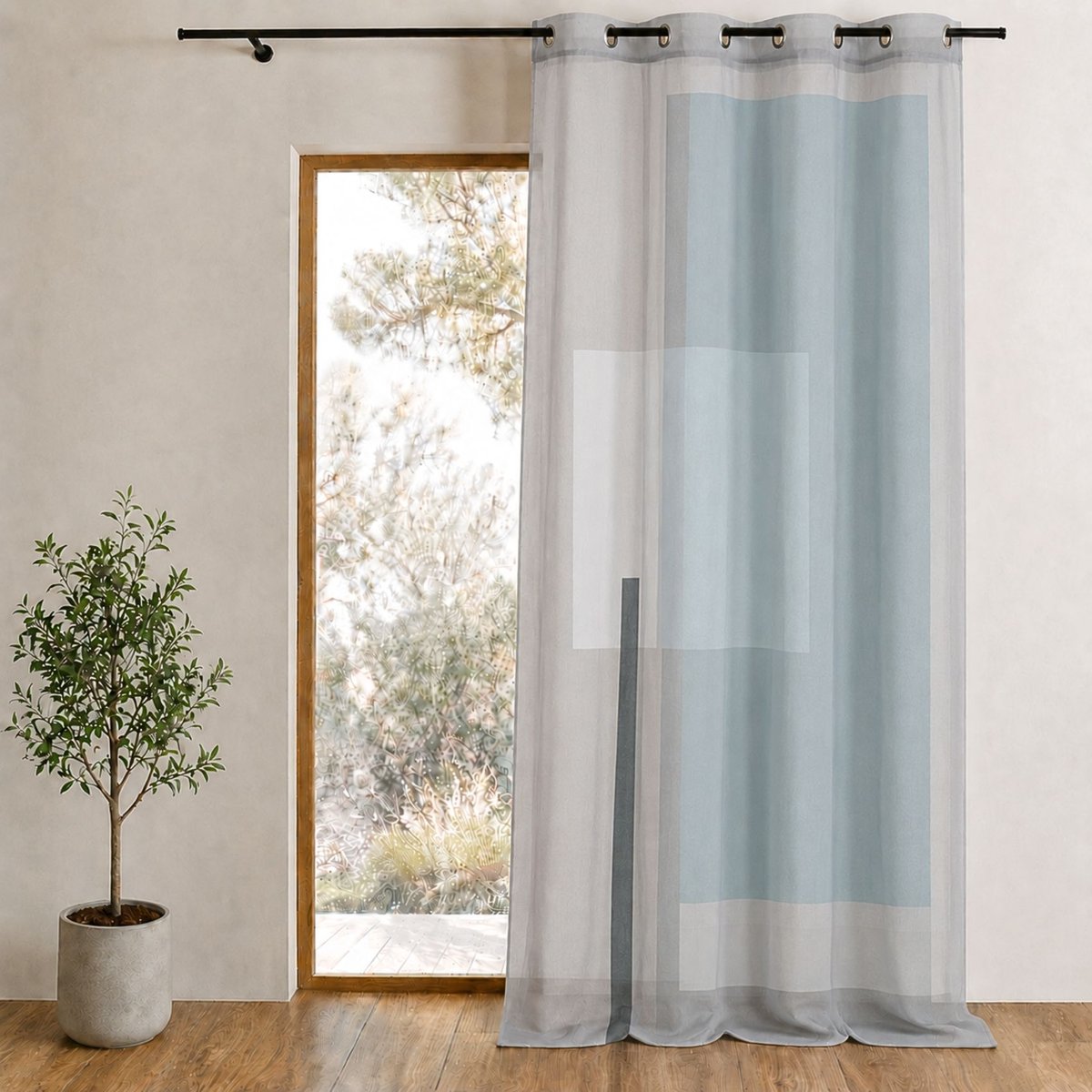 Voilage imprimé à motifs graphiques gris clair, HOME MAISON