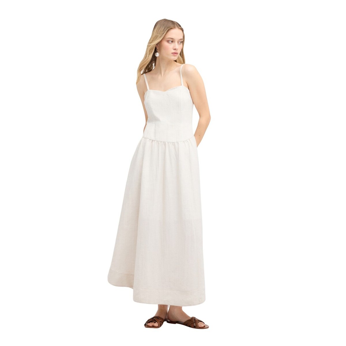 Robe longue évasée beige, MOTIVI