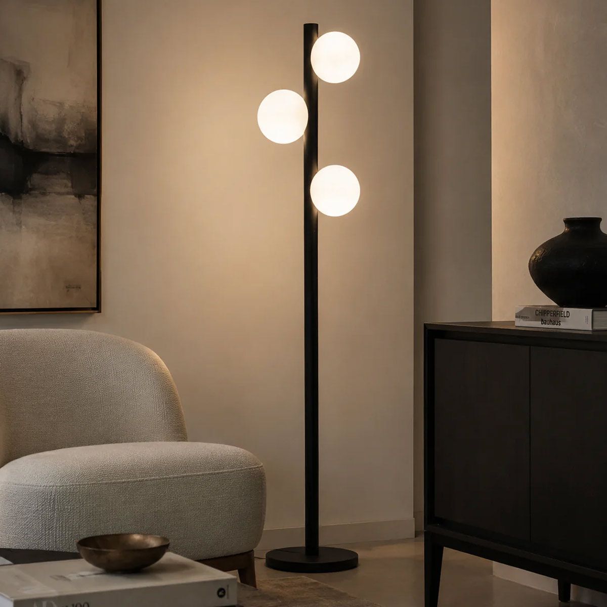 Lampadaire, métal et verre opalin, ANTARES noir, ALTASSINA