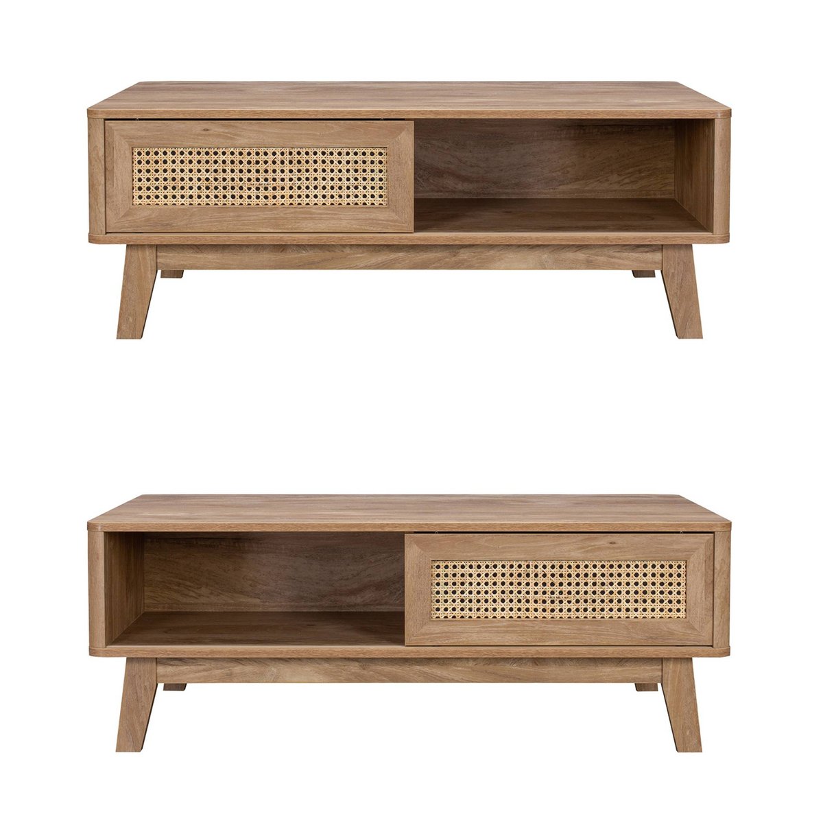 Table basse rectangulaire décor bois et cannage 1 porte coulissante MANI naturel, SWEEEK