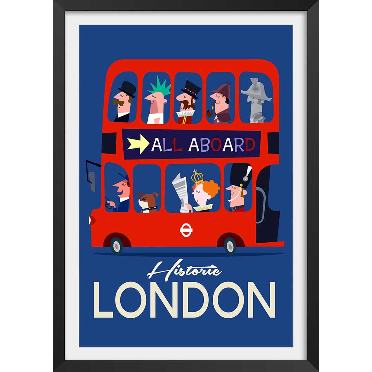 Poster retro bus london affiche + cadre en bois - noir, HEXOA