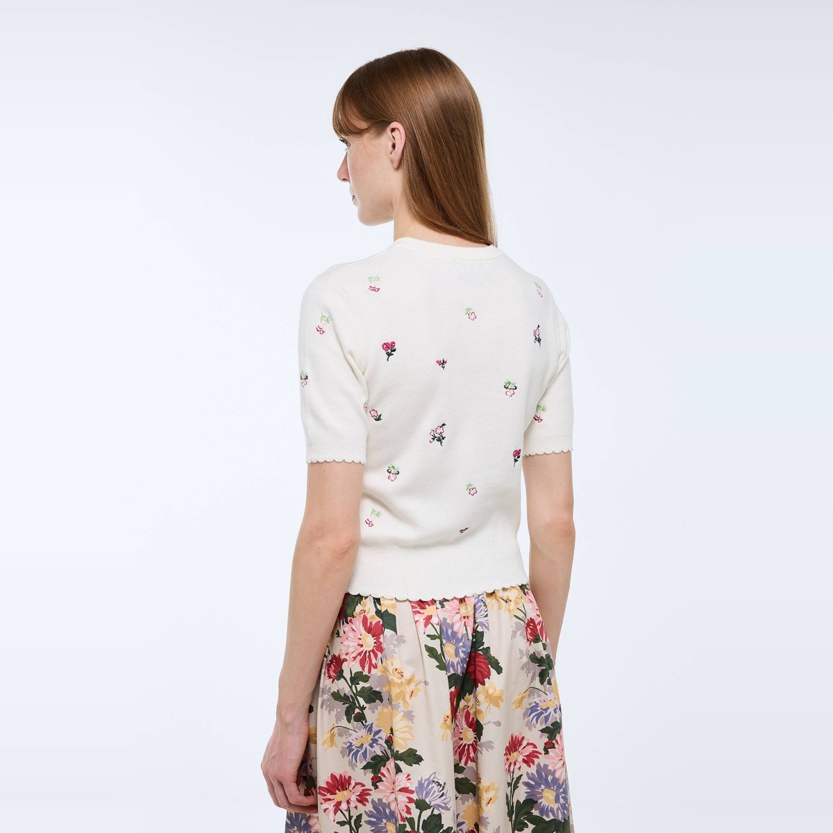 Pull manches courtes brodé en coton BIO GOTS ecru, MONOPRIX