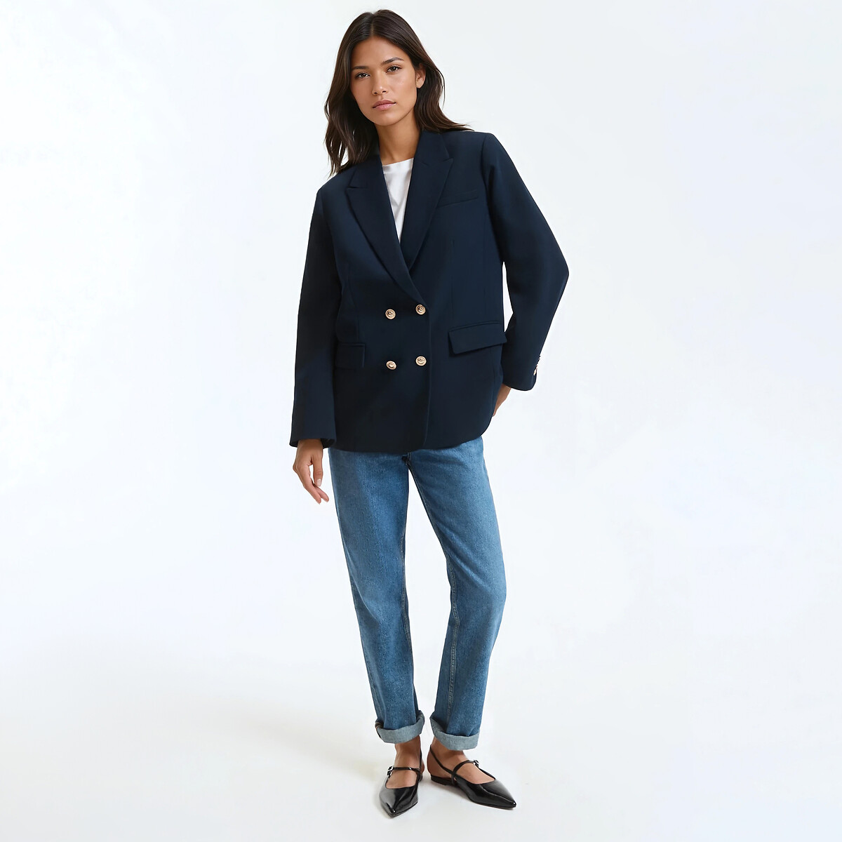 Blazer long croisé coupe droite bleu marine, LA REDOUTE COLLECTIONS