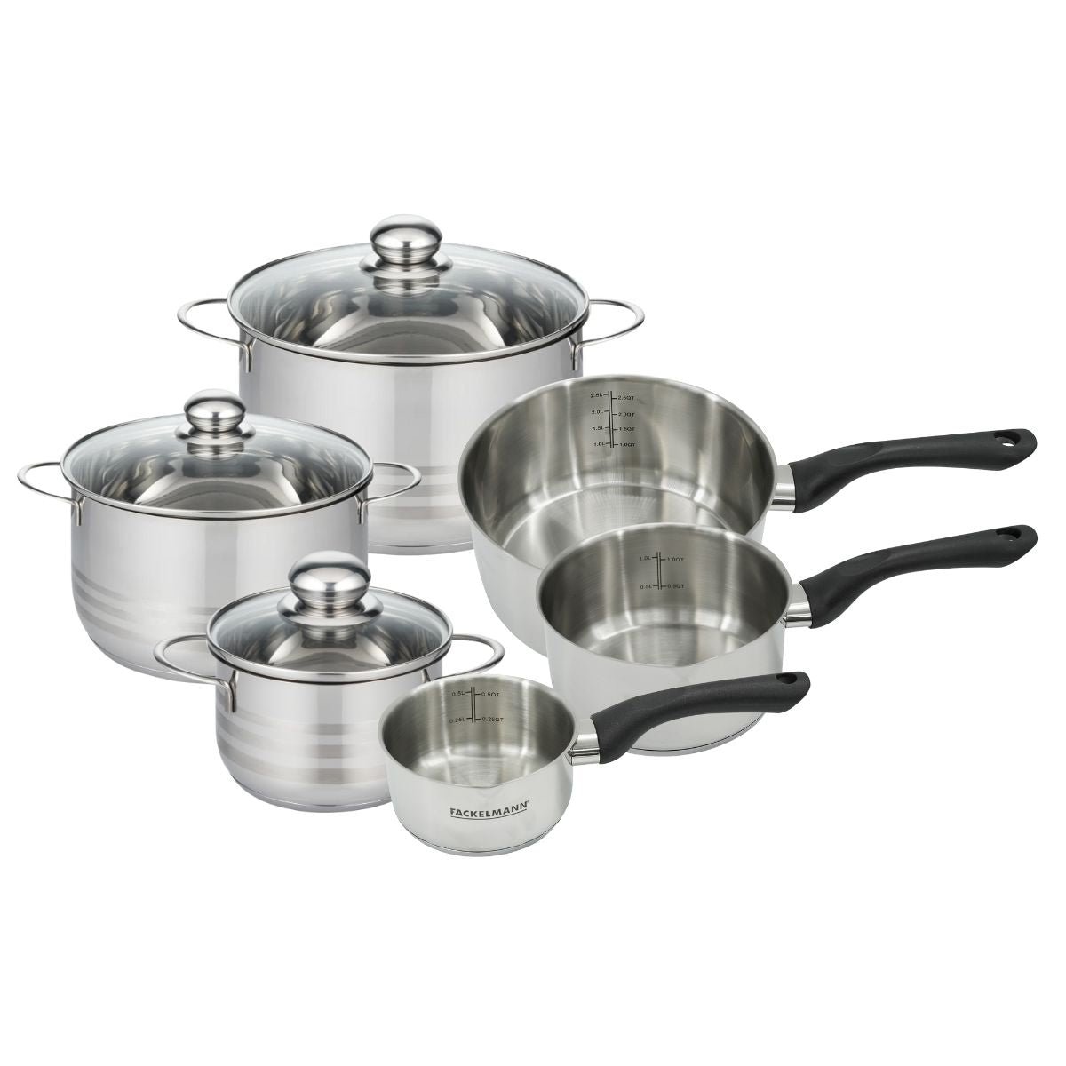 3 faitouts 16/20/24cm + 3 casseroles 12/16/20cm BRILLANT inox, FACKELMANN