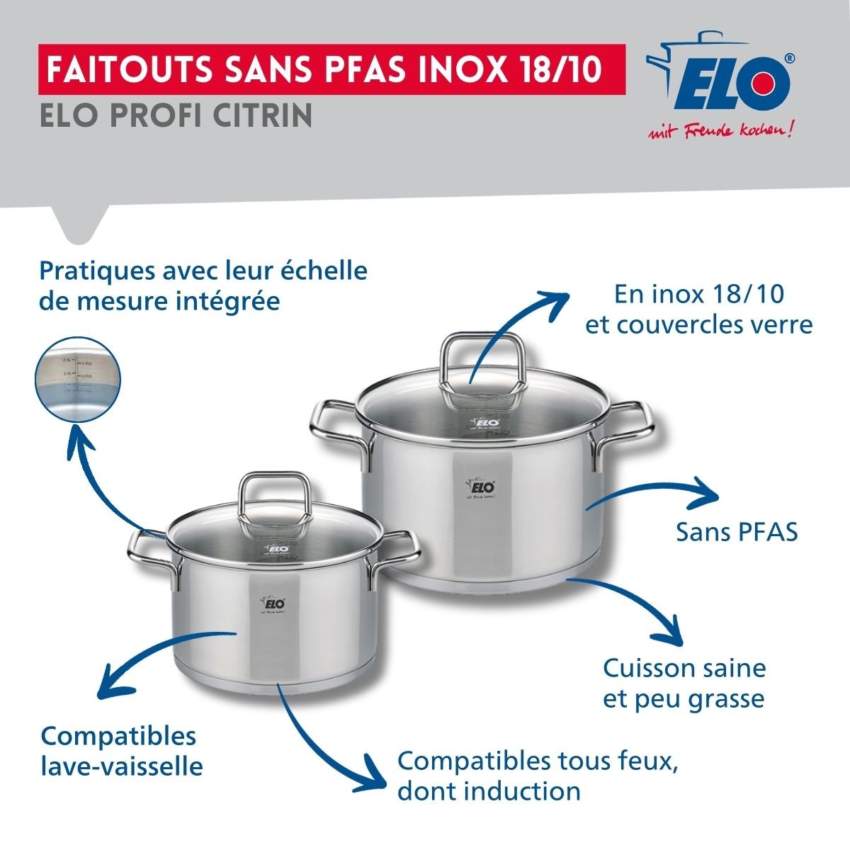Batterie 1 poêle 32cm + 2 faitouts 14/16cm PROFI CITRIN gris, ELO