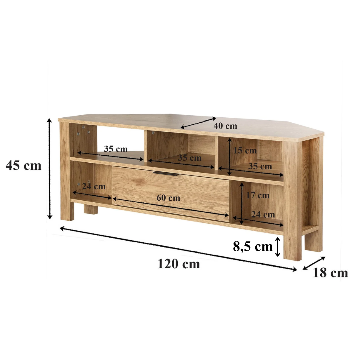 Meuble TV d'Angle 1 Tiroir Décor Chêne - L120 cm bois clair, CALICOSY