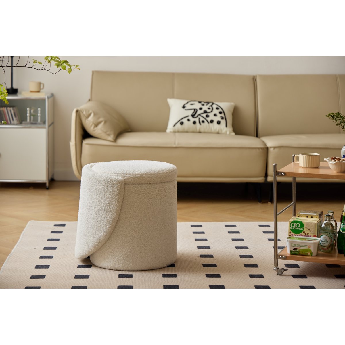 Pouf avec dossier et rangement, bouclette blanc cassé, NORDLYS