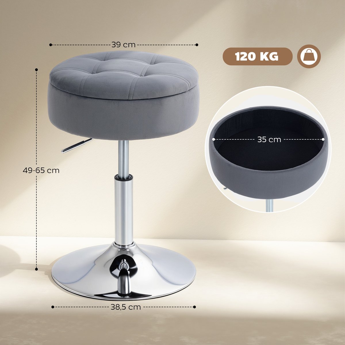 Tabouret de bar Velours Gris gris, HOMCOM
