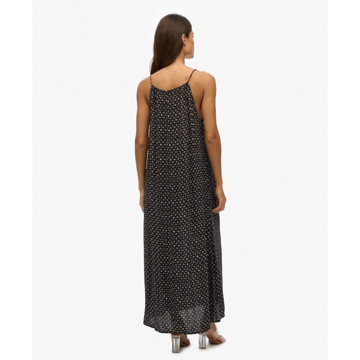 Robe longue caraco de plage noir à pois et pâquerettes, SUPERDRY
