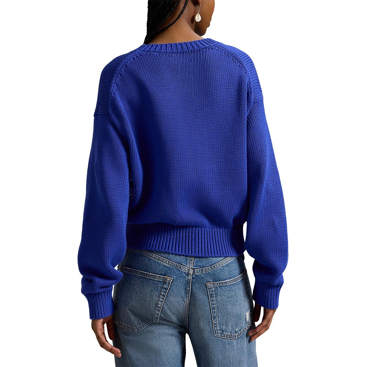 Pull a maniche lunghe con scollo rotondo e logo frontale blu royal, POLO RALPH LAUREN