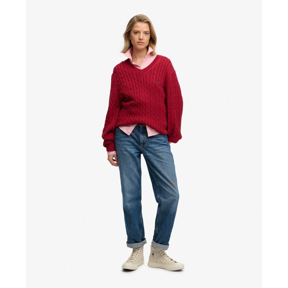 Pull à Câbles Col V Oversize rouge bordeaux, SUPERDRY