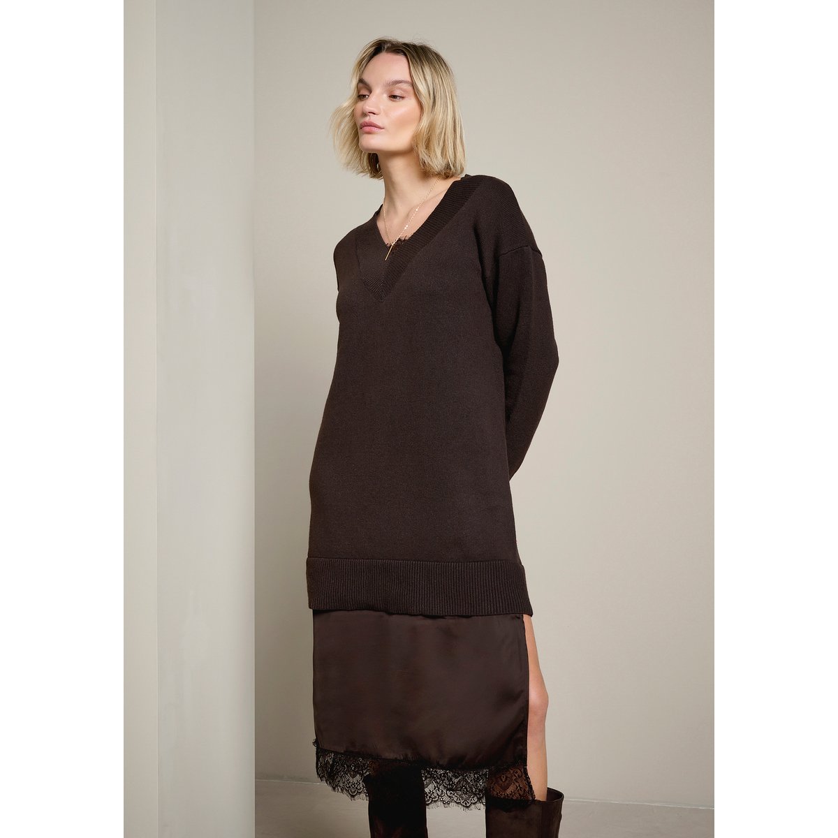 Robe midi bi-matière brun fonce chocolate, LOLALIZA