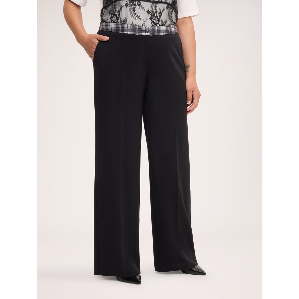 Pantalon Wide Leg avec bande check noir, FIORELLA RUBINO