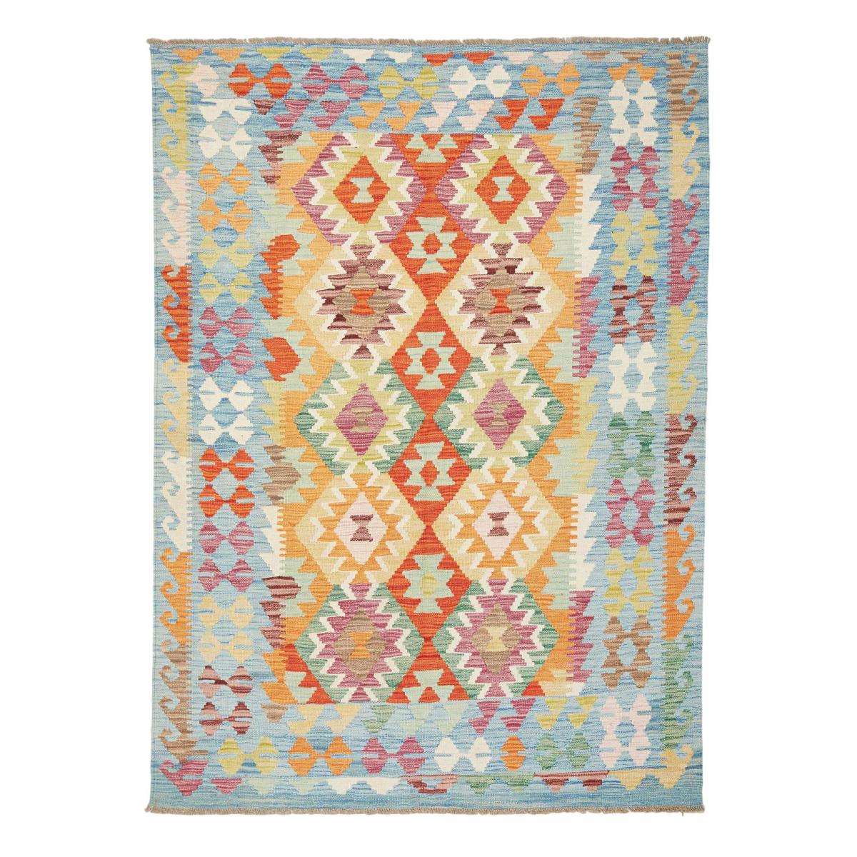 Tapis kilim ethnique, tissé plat en laine naturelle, KILIM 25 multicolore, bleu, orange, UN AMOUR DE TAPIS