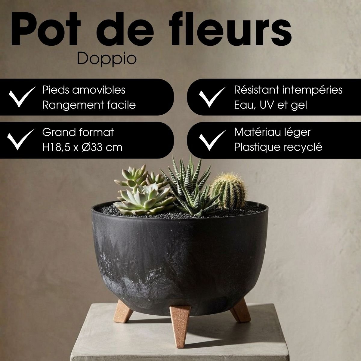 Bac à plantes DOPPIO noir, MICA DECORATIONS