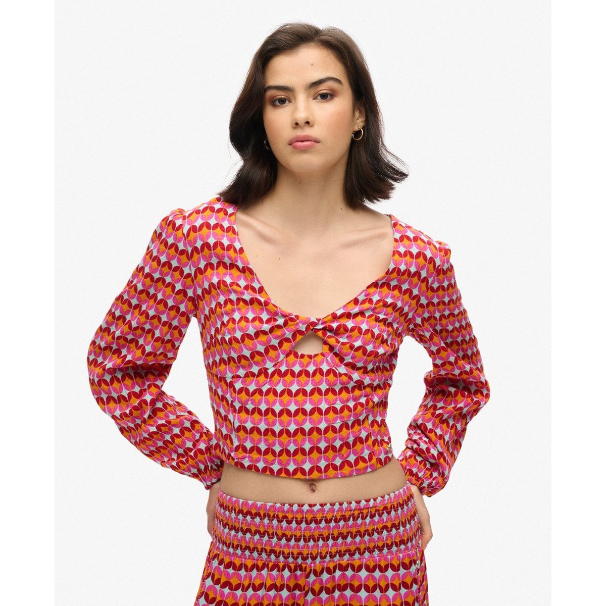 Top court tissé à manches longues rose géo années 70, SUPERDRY