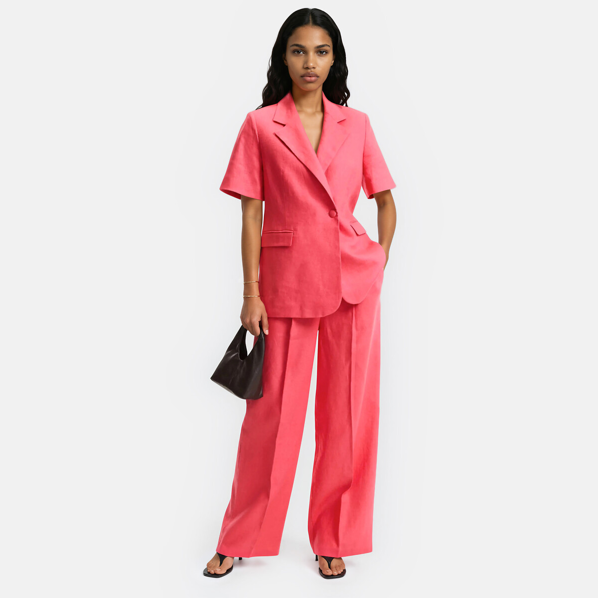 Blazer long droit manches courtes en lin rose fraise, LA REDOUTE COLLECTIONS