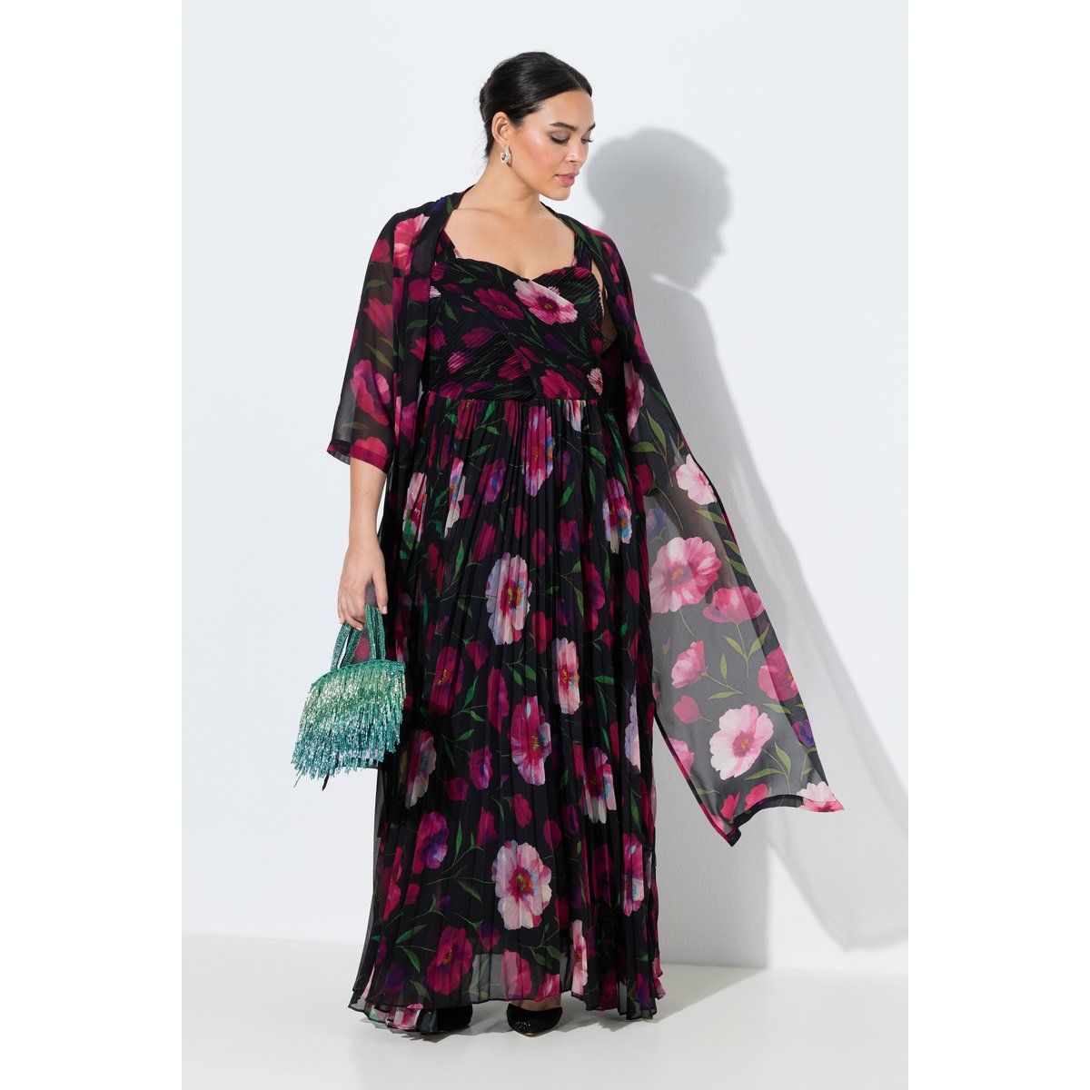 Veste en mousseline à fleurs, coupe ouverte noir, ULLA POPKEN