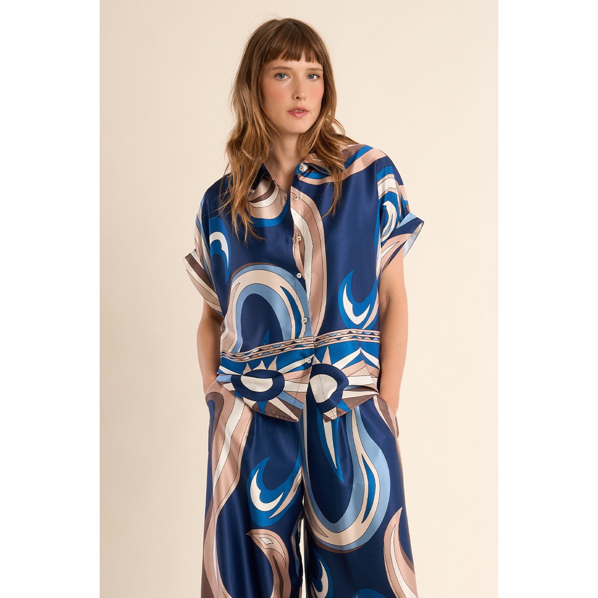 Chemisier manches courtes, effet satiné navy athena, MOLLY BRACKEN