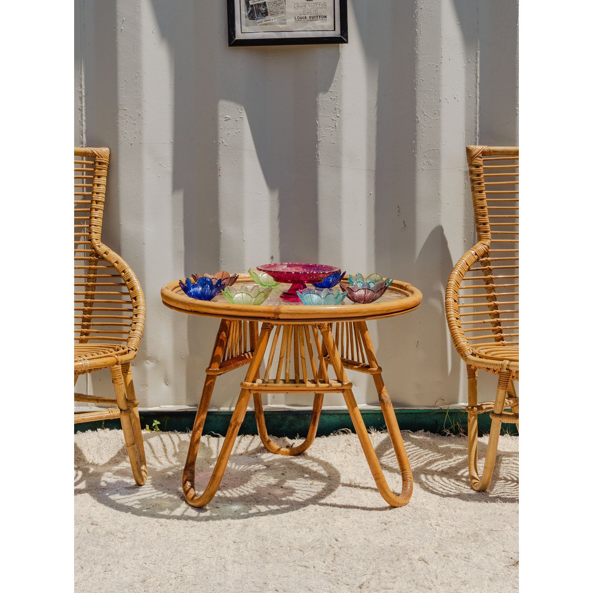 Ensemble de table et fauteuils en rotin Ange N°24 - Bon état bois clair, DEBONGOUT
