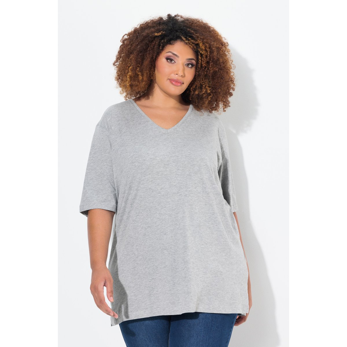 T-shirt à manches courtes et col V gris clair chiné, ULLA POPKEN