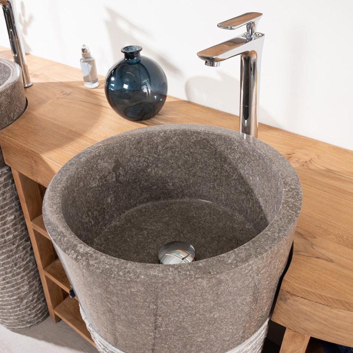 Meuble + vasques double en teck rectangle 180cm FLORENCE gris, WANDA COLLECTION