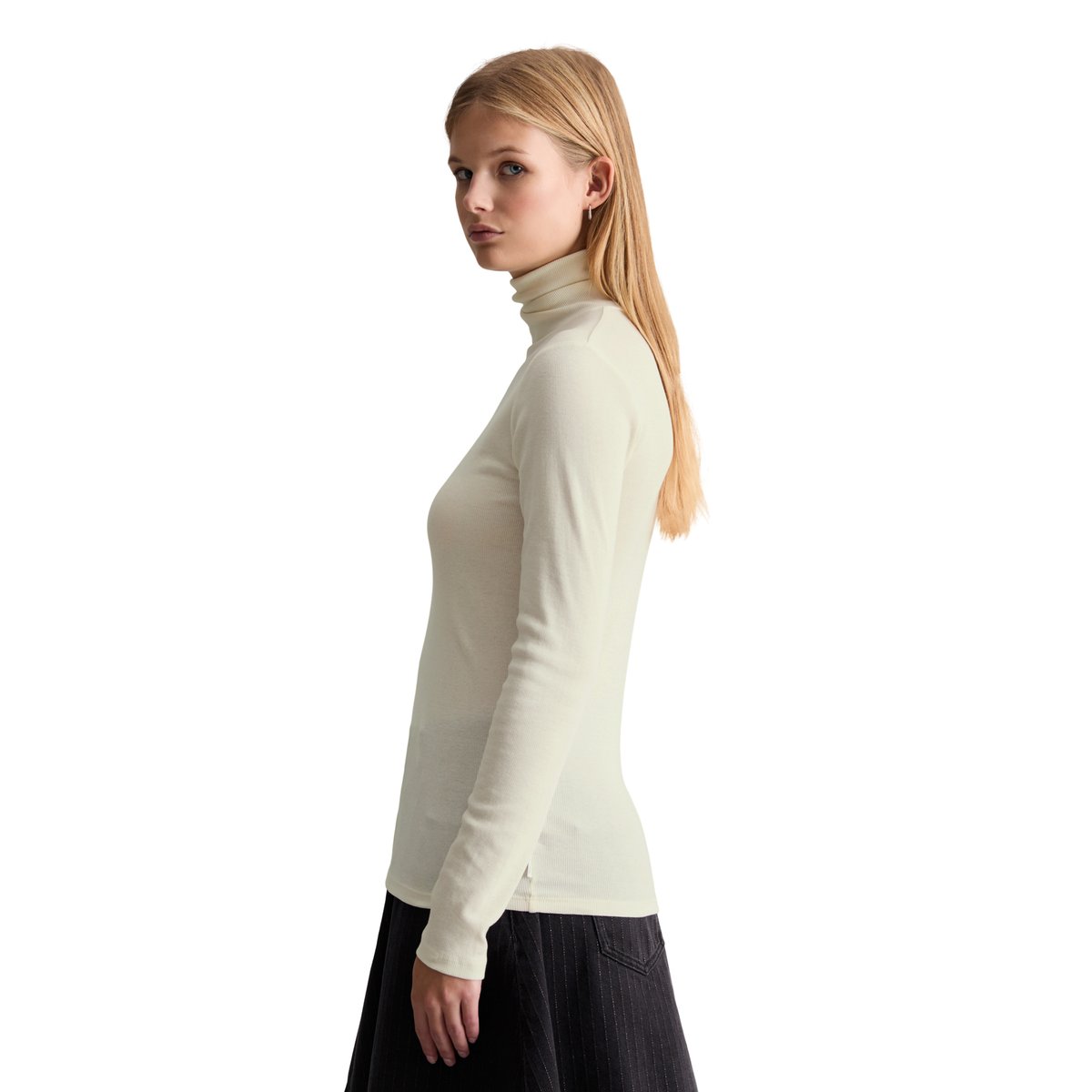 T-shirt long à col roulé slim en jersey côtelé doux beige, MARC O’POLO DENIM