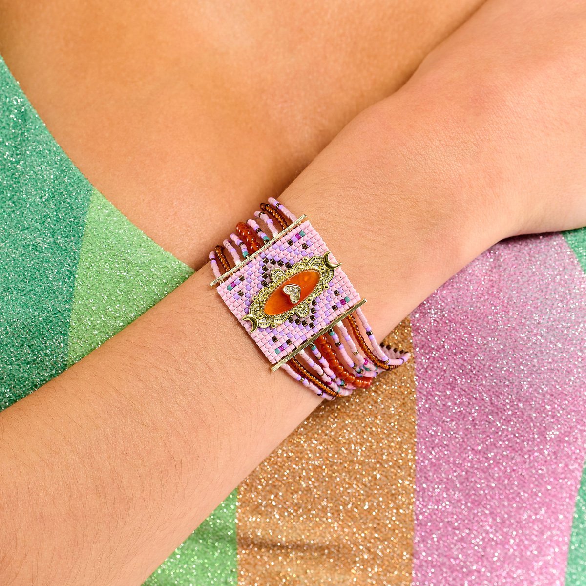 Bracelet perles régalbles avec cabochon central cœur KALUMEY lilas, HIPANEMA