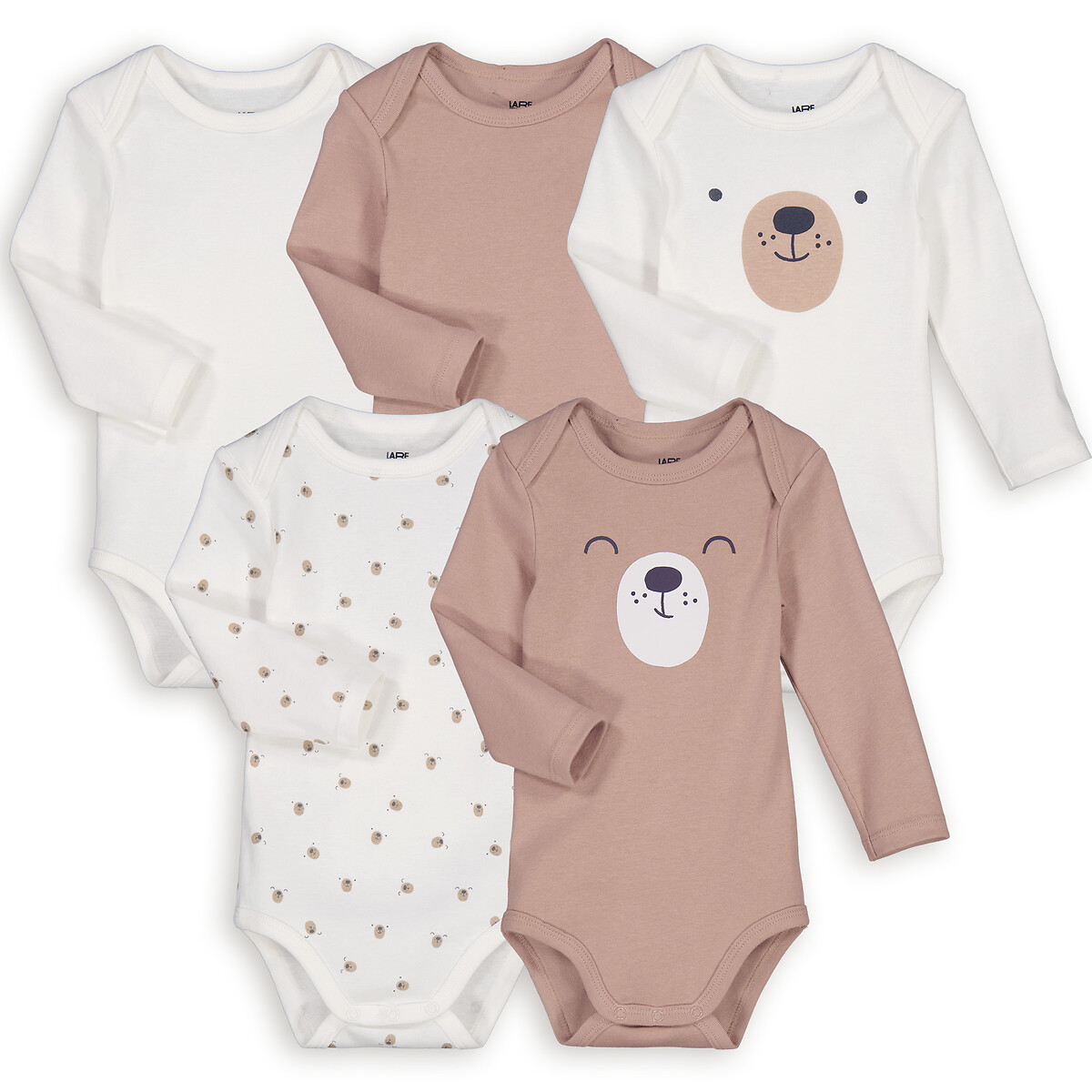 Lot de 5 bodies emmanchures américaines manches longues, en coton, motif ours beige/blanc, LA REDOUTE COLLECTIONS