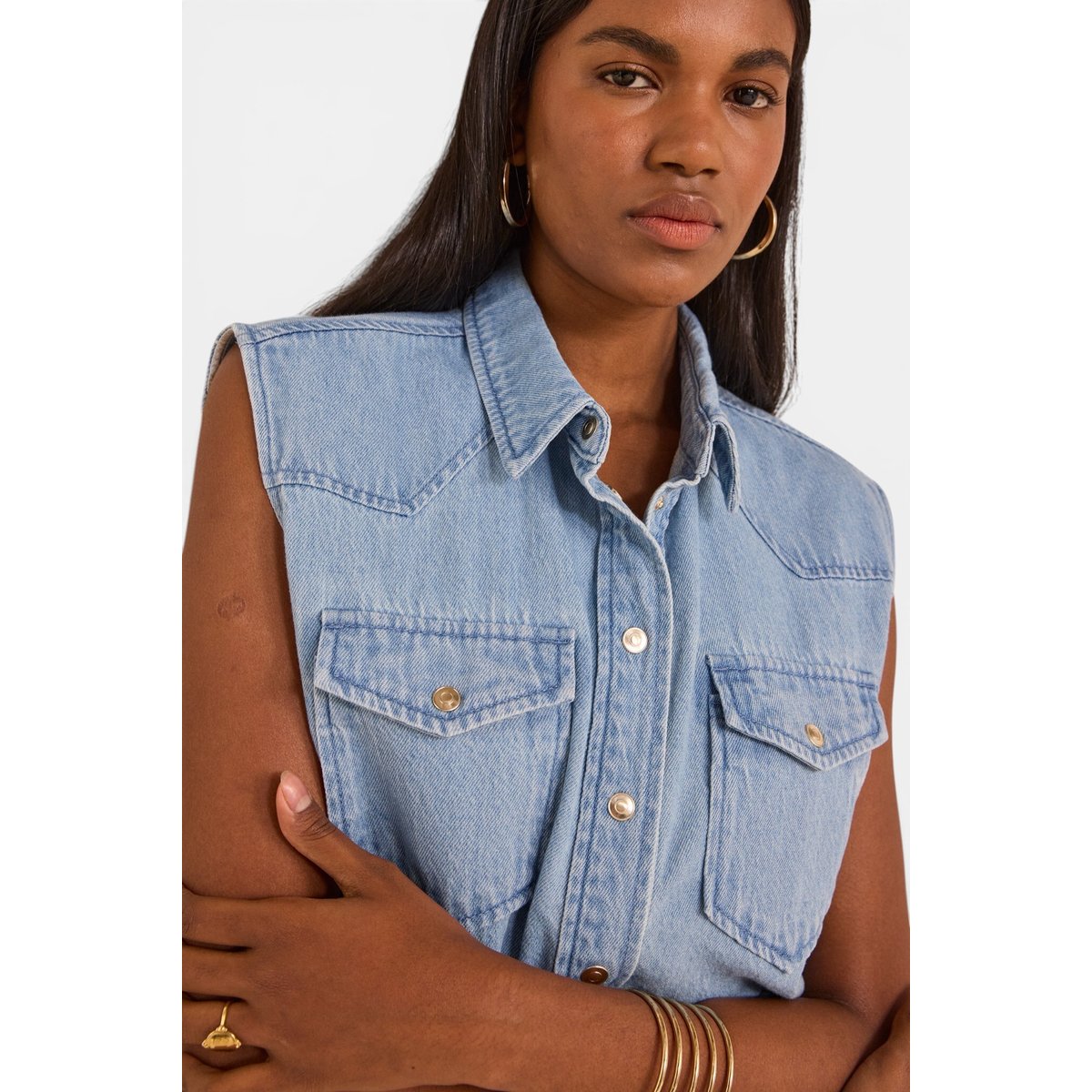Chemisier denim sans manches en coton MACAO pure bleached, Maison 123