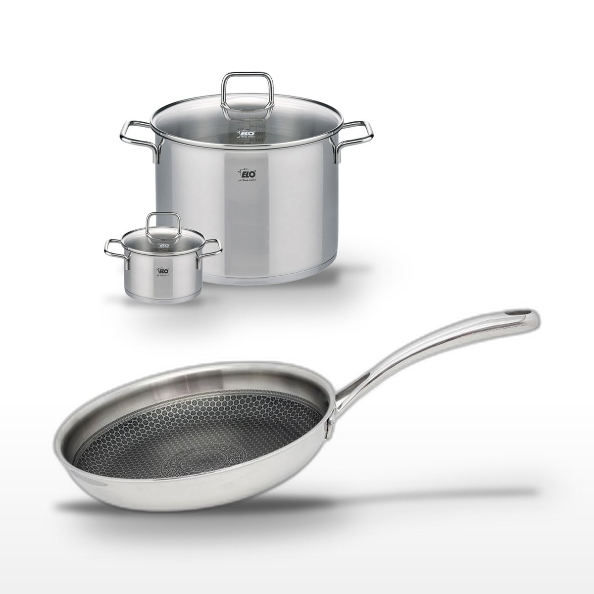 Batterie 1 poêle 24cm + 2 faitouts 14/26cm RELIEF EVOLUTION inox, ELO
