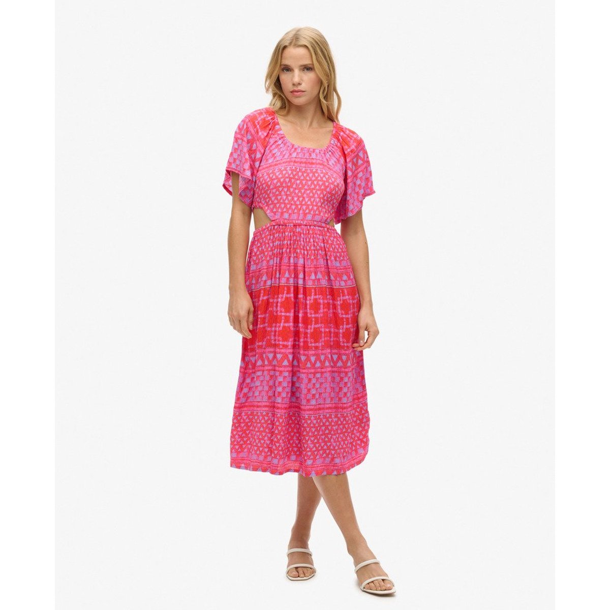 Robe mi-longue imprimée ajourée couche rose shibori, SUPERDRY